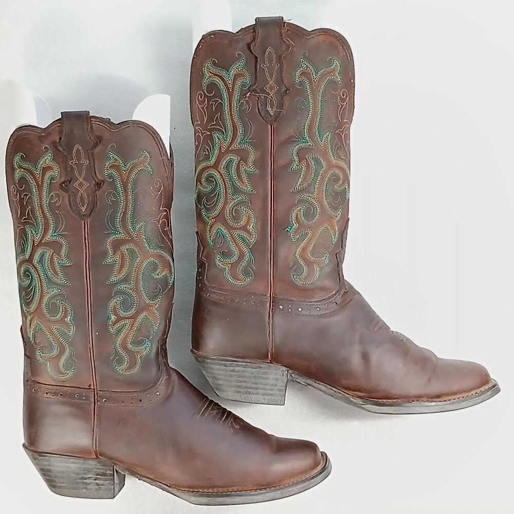 Justin Women’s Cowboy Boots Size 8.5B Brown Leather Green Yellow Stitch